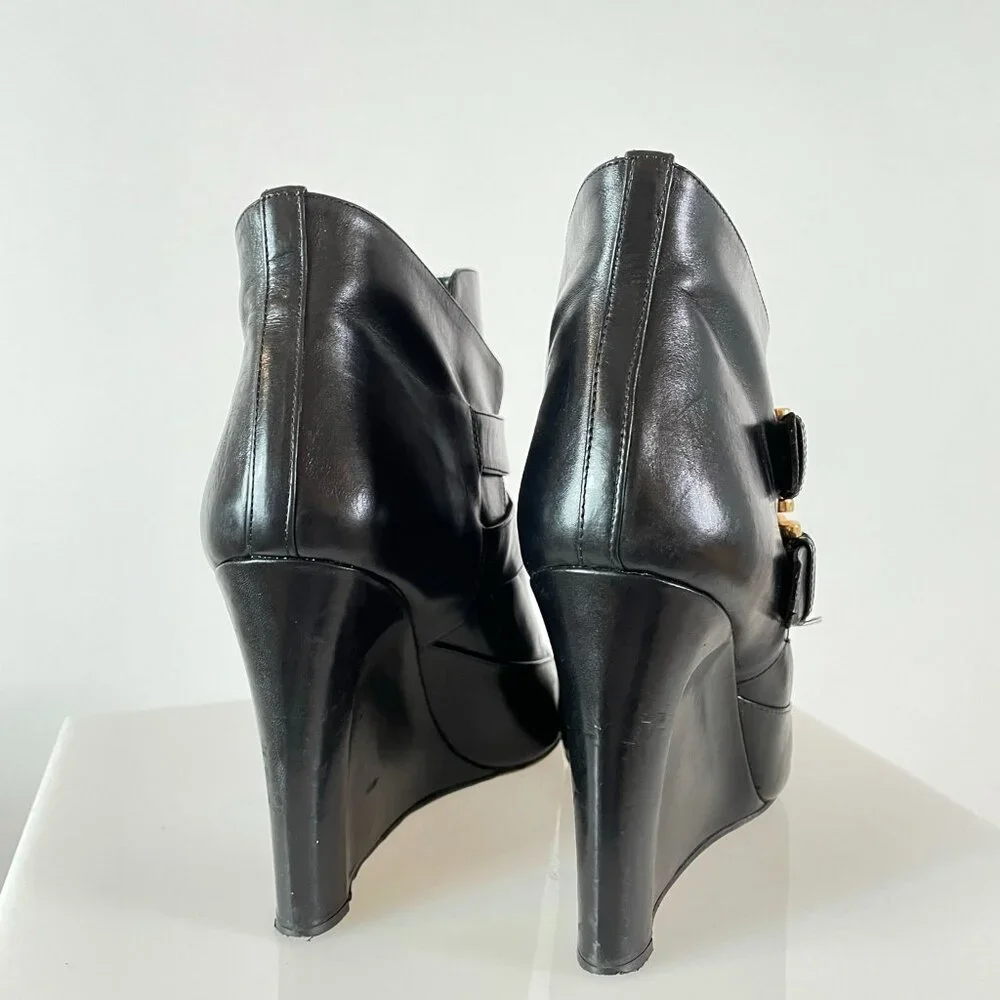 Minimalist | Derek Lam Black Leather Ankle Boot Wedge | Pointy Toe | Gold Buckle